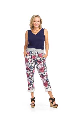 PP-16823 - FLORAL STRETCH COTTON BLEND PANTS WITH ELASTIC WASITBAND - Colors: AS SHOWN - Available Sizes:XS-XXL - Catalog Page:85 